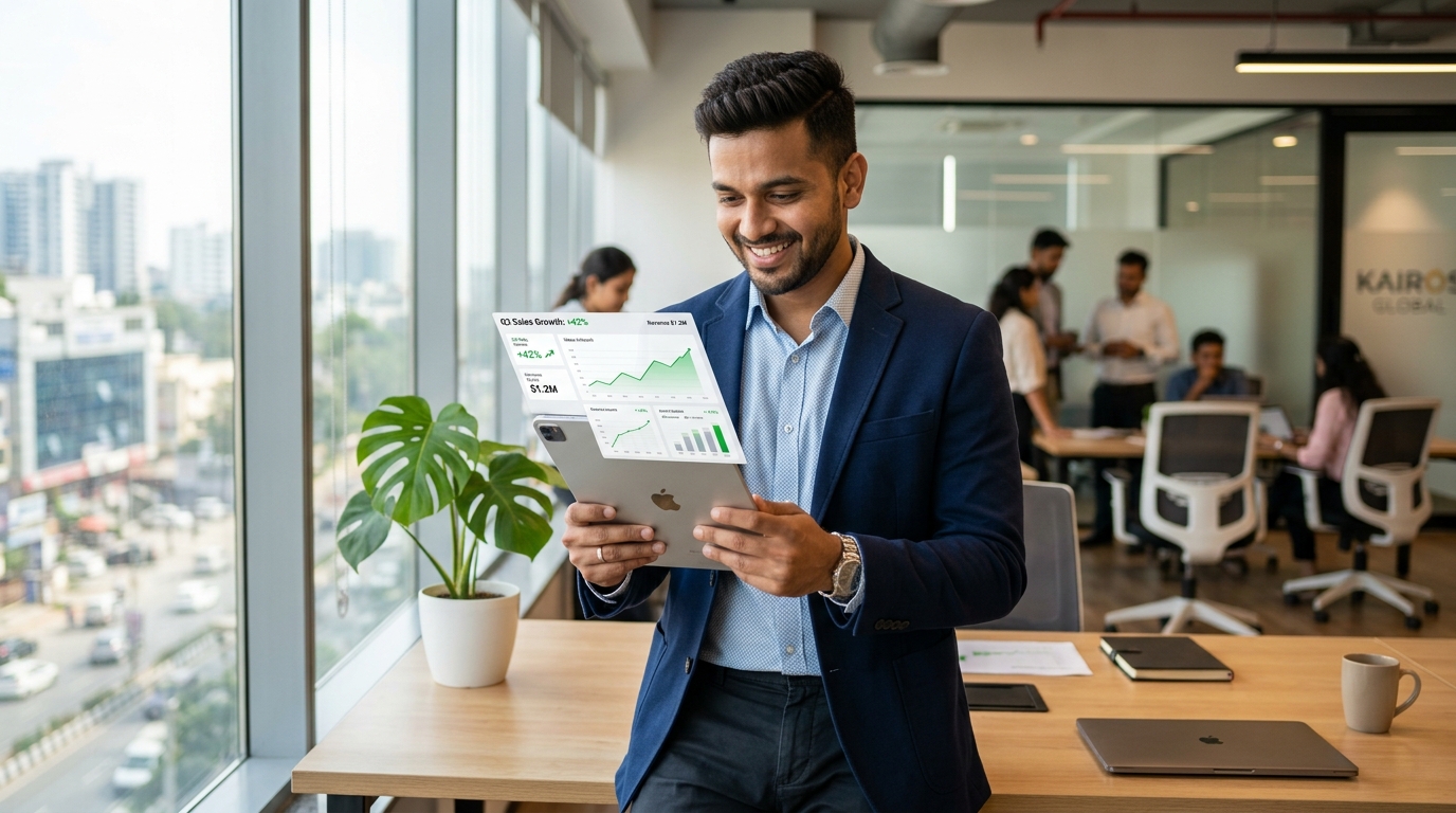 Successful smiling Indian business owner reviewing sales metrics on tablet