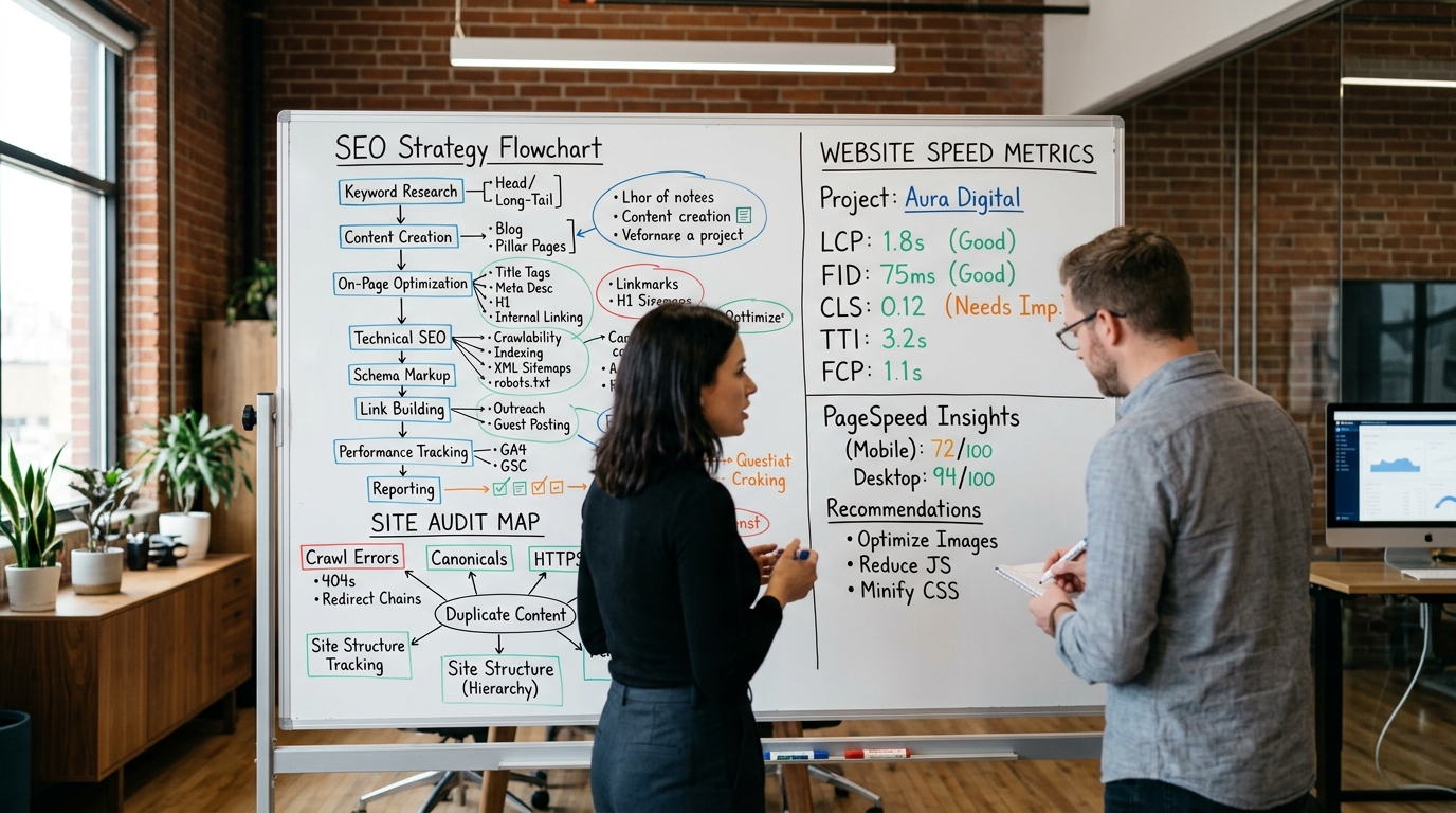 Whiteboard detailing topical authority content clusters and technical SEO strategy roadmap